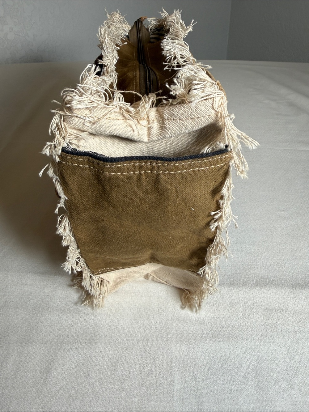 Myra Bag Upcycled Canvas Graphic Tote with Leather Handles and Fringe - Picture 4 of 12